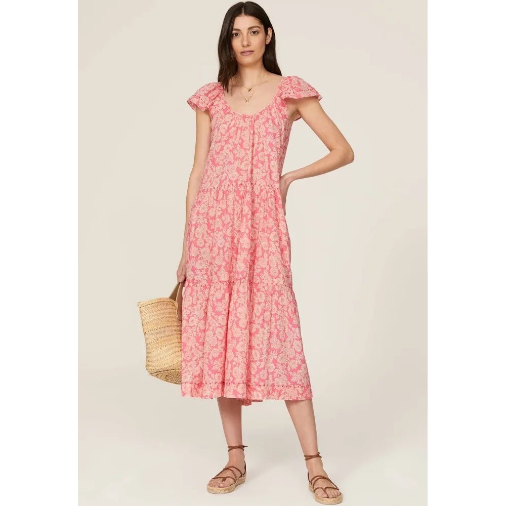 THE GREAT. The Plumeria Whipstiched Maxi Dress Pink Floral Tiered Size 3 Large L